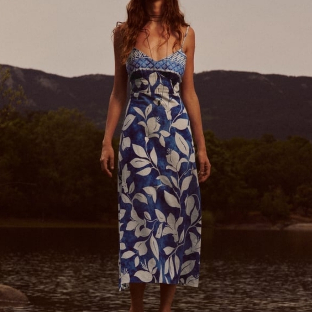 Gorgeous Summer Style ZARA Linen Midi Dress in Blue Hawaii Style Print - Picture 9 of 9